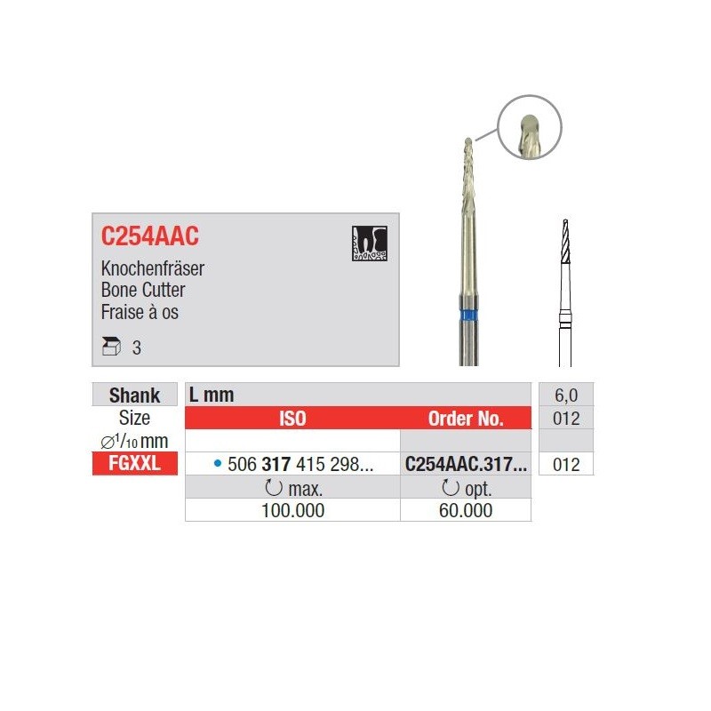 Freza chirurgicala carbura de tungsten FGXXL C254AAC.317.012 Edenta