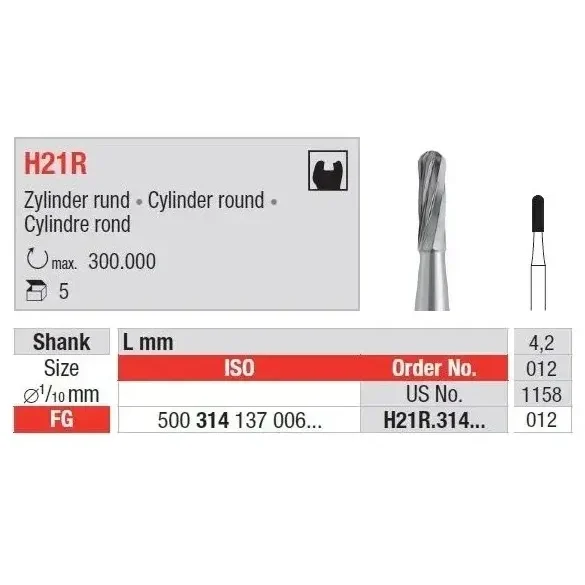 Freze de carbura TC Burs FG H21R cu cap cilindric, Edenta - Alege din oferta DoriotDent