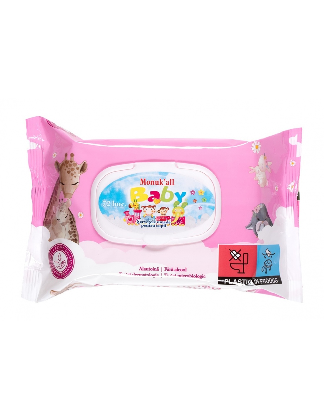 Monukall - Servetele umede cu capac pentru copii, pink - 72 buc